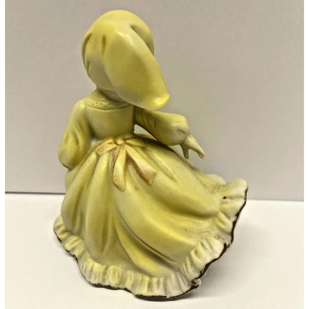 Vintage Girl Figurine in Flowing Yellow Dress and Bonnet, E3305, Mid Century-VG